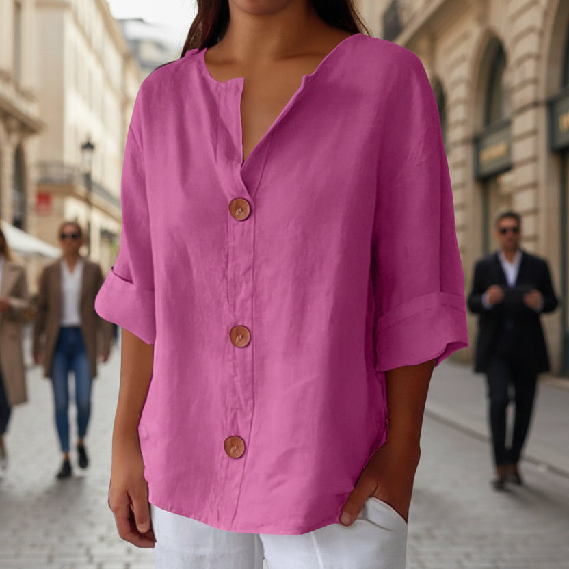 Women's V-neck cotton and linen buttoned blouse 