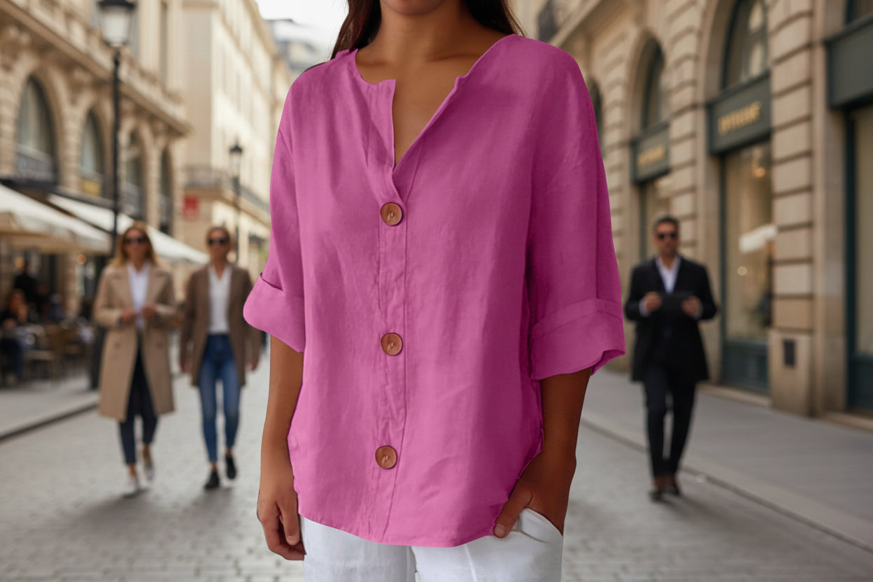 Women's V-neck cotton and linen buttoned blouse 