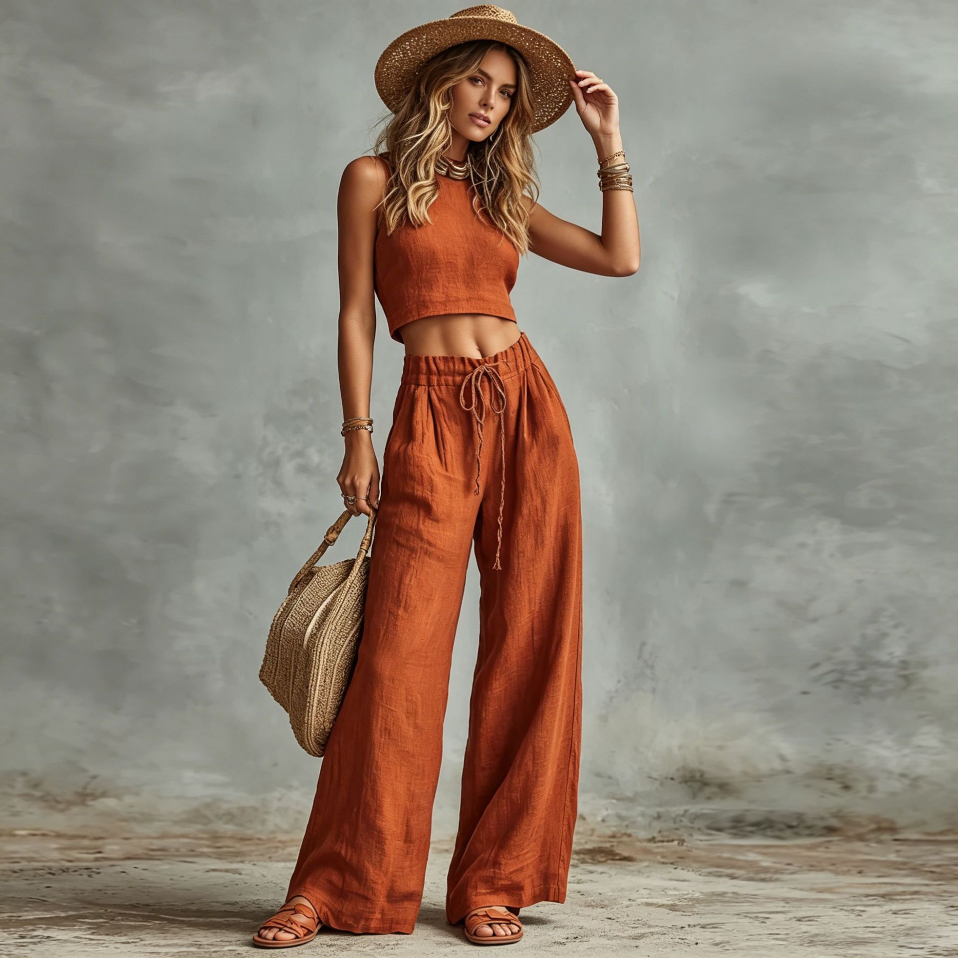 Vest Drawstring High-Waist Wide-Leg Pants Two-Piece Set 
