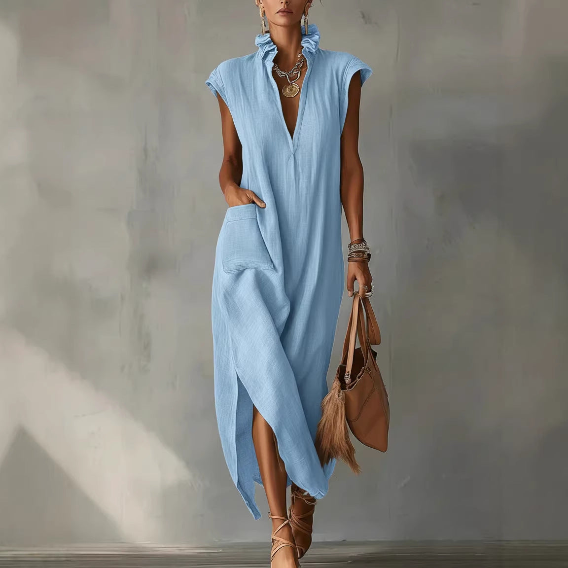 Women's Cotton-Linen Sleeveless Solid-Color Dress 