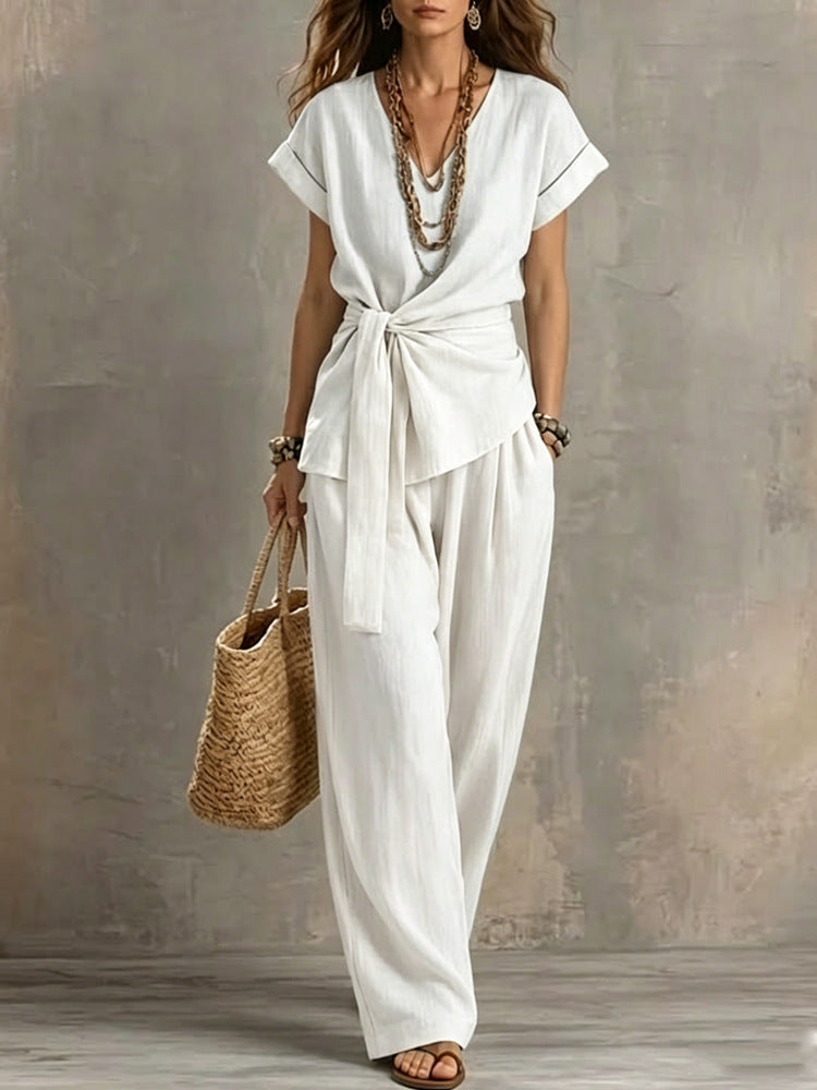 Women's V-neck Pullover Short-Sleeve Pants Set 