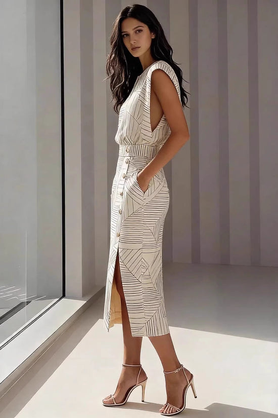 Fashion ampPrinted Sleeveless Top with Slit Long Dress Set 