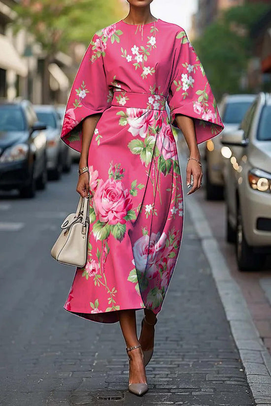 Women's Elegant Geometric Print Batwing Sleeve Round Neck Maxi Dress 