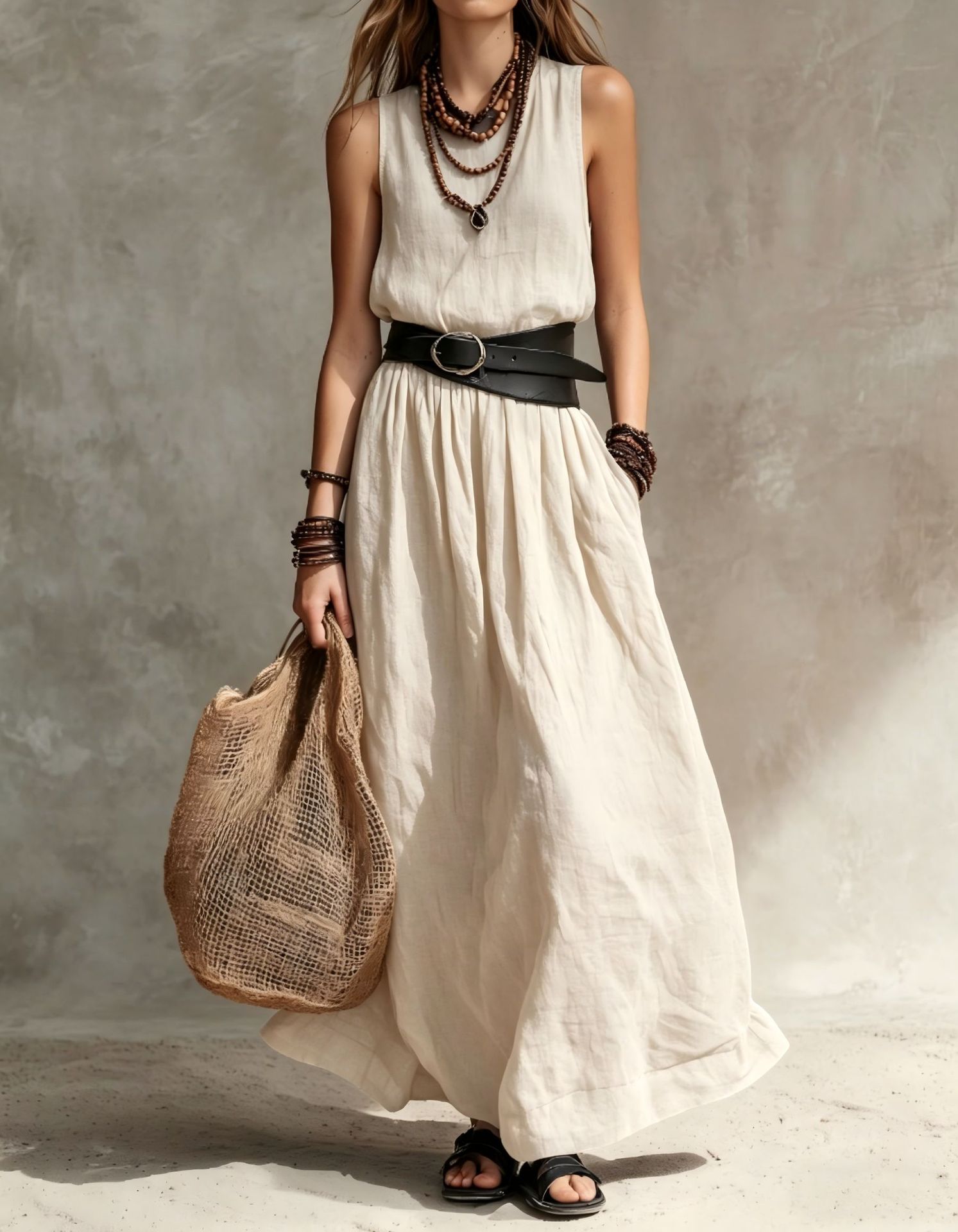 Turn-down Collar Long Sleeveless Dress 
