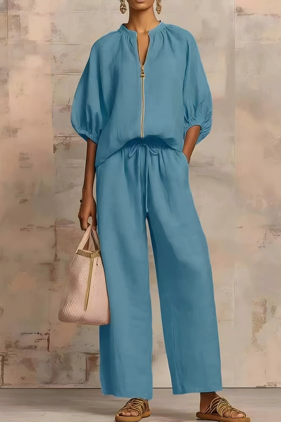 Summer Women's Casual Loose Solid Color Zipper Round Neck Wide Leg Pants Set 