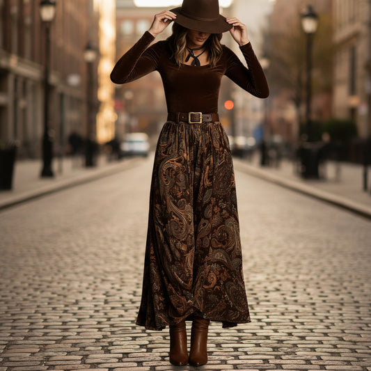 Slim fit printed long skirt set with belt 