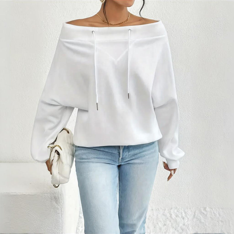 Plus Size Women's Solid Color Off-Shoulder Long Sleeve Pullover With Drawstring - Casual Ribbed Detail Top For Spring&Fall CJ US