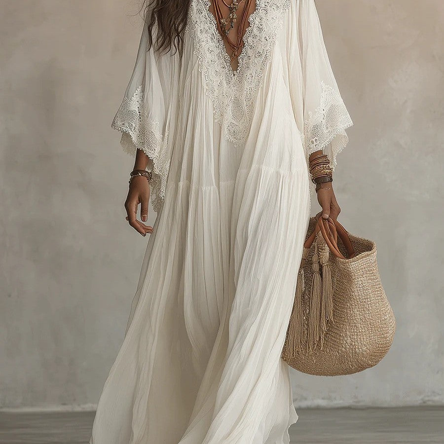 Lace patchwork V-neck long vacation beach dress 
