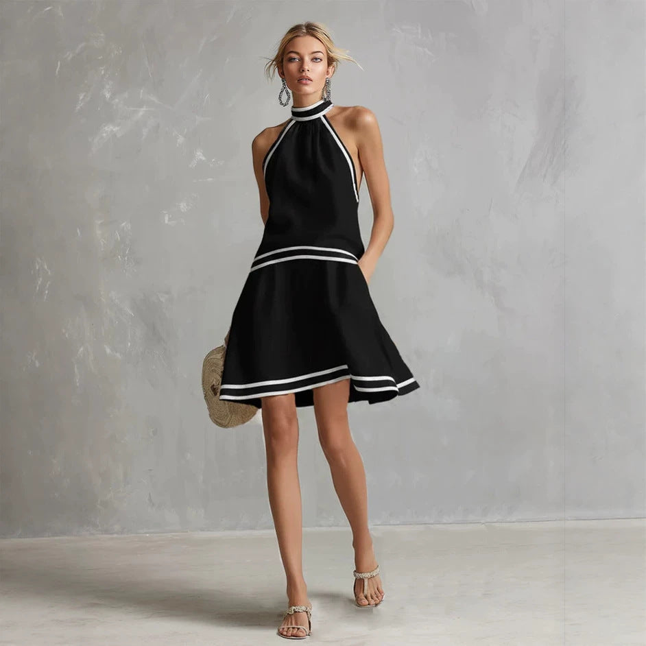 Choker Neck Fashion Short Dress with Striped Trim, Comfortable Sleeveless Fitted Dress 