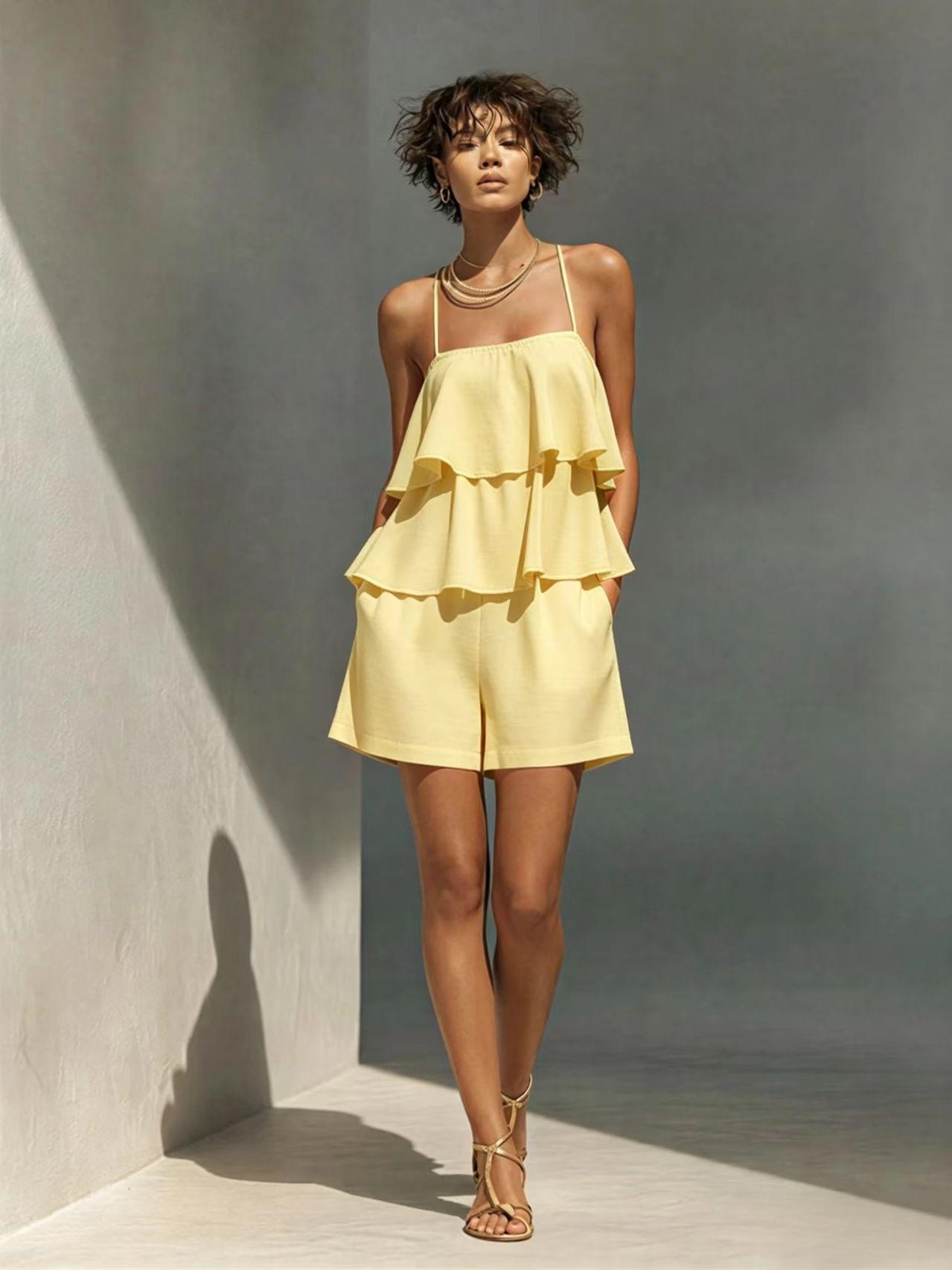 Multi-layer Ruffle Loose Camisole And Shorts Set 