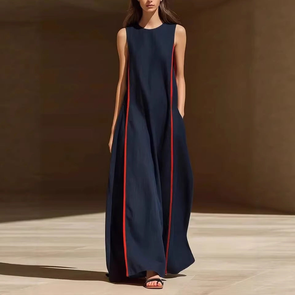 Women's Linen Sleeveless Loose Striped Dress 
