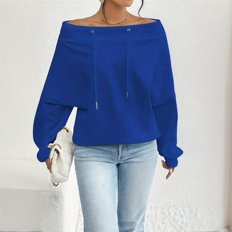 Plus Size Women's Solid Color Off-Shoulder Long Sleeve Pullover With Drawstring - Casual Ribbed Detail Top For Spring&Fall CJ US