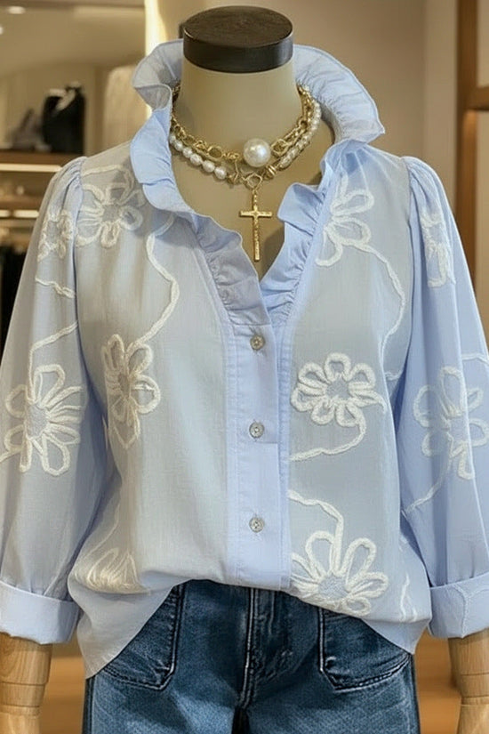 Lace-embroidered Cotton-linen Sweet Blouse 