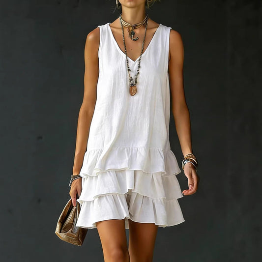 V-neck Cotton-linen Womens Fashionable Sleeveless Dress 