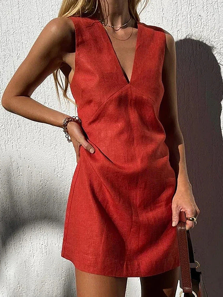 🌿 V-Neck Cotton & Linen Sleeveless Mini Dress – Effortless Summer Chic FitiqueFit