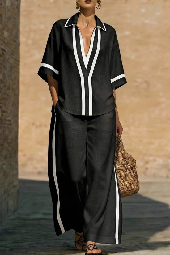 Fashionable Loose Casual Color-Block Short-Sleeve Shirt And Wide-Leg Pants Two-Piece Set 