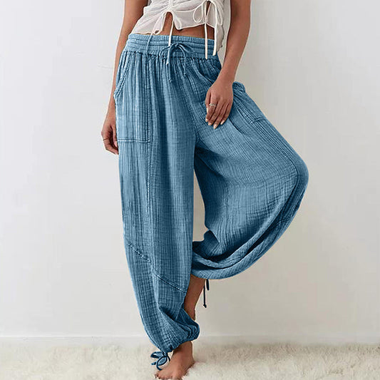 Women's Solid-color Wide-leg Pants With Elastic Drawstring Waist Elasticized Leg Cuffs Side Pockets For Spring&Fall Fashionable Simple Wear CJ US