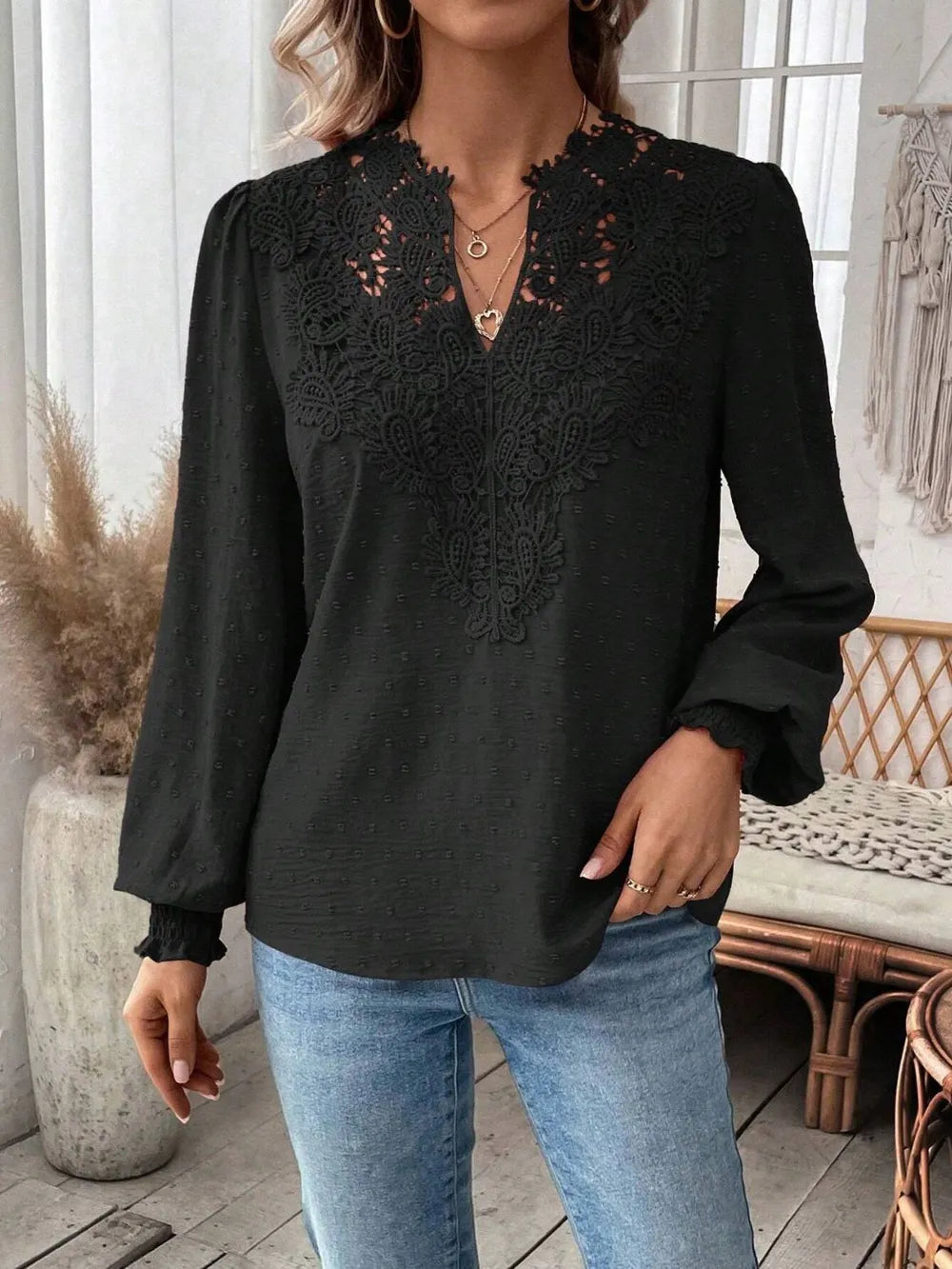 Swiss Dot Lace Detail Notched Long Sleeve Blouse 