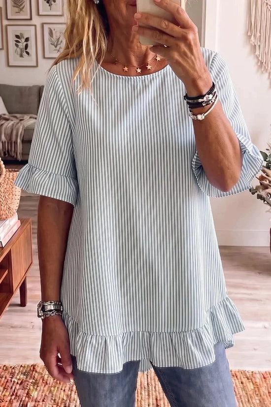 Womens Striped Loose-fit Casual Ruffled-edge Blouse 