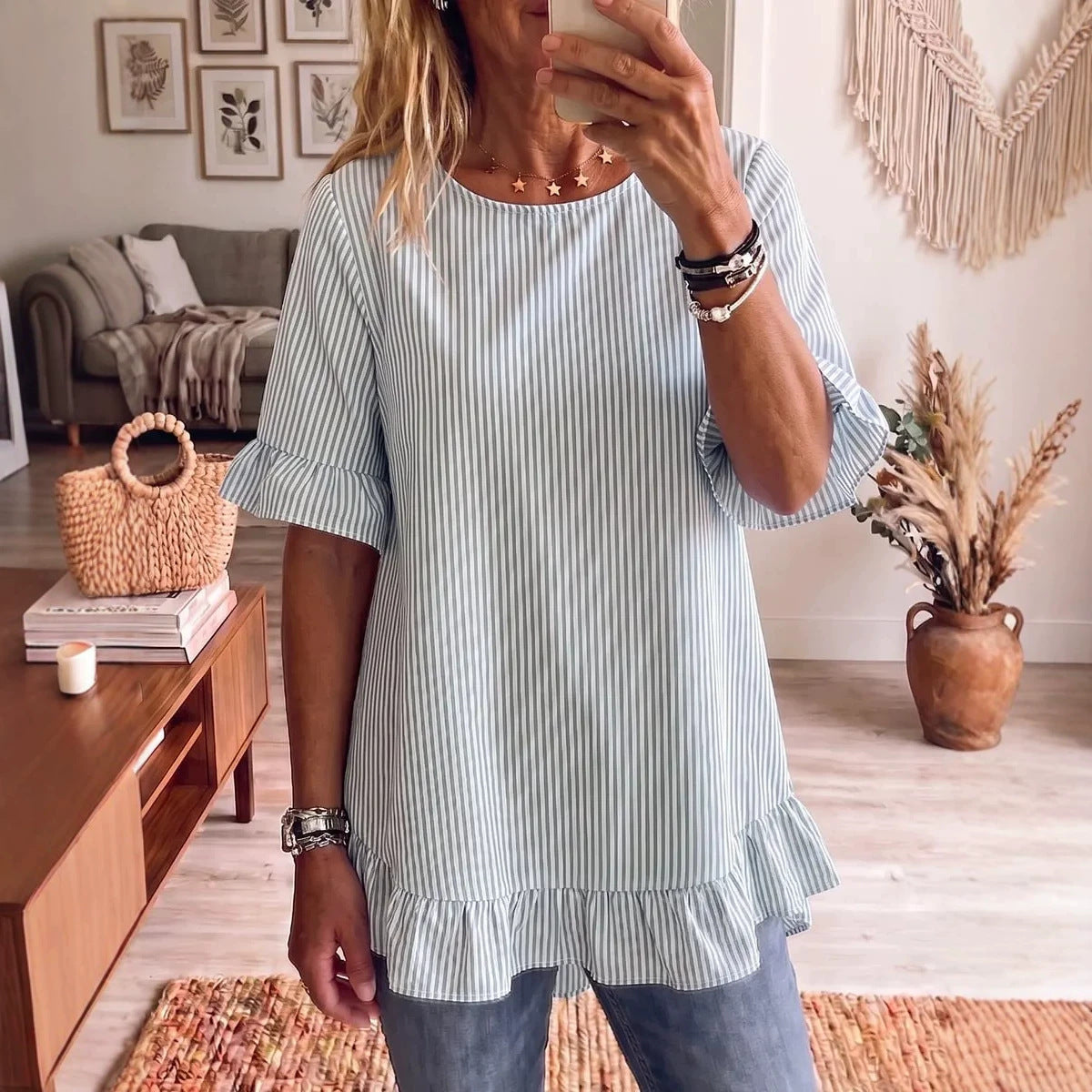 Womens Striped Loose-fit Casual Ruffled-edge Blouse 
