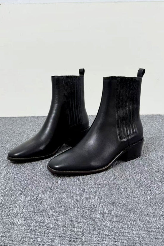 Mid-heel Chunky-heel Retro Square-toe Matte Leather Womens Boots 