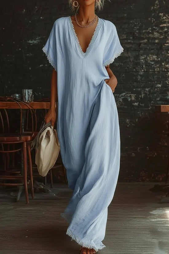 European And American Style Casual Elegant Comfortable Lace-trimmed Loose Linen Cotton Long Dress 