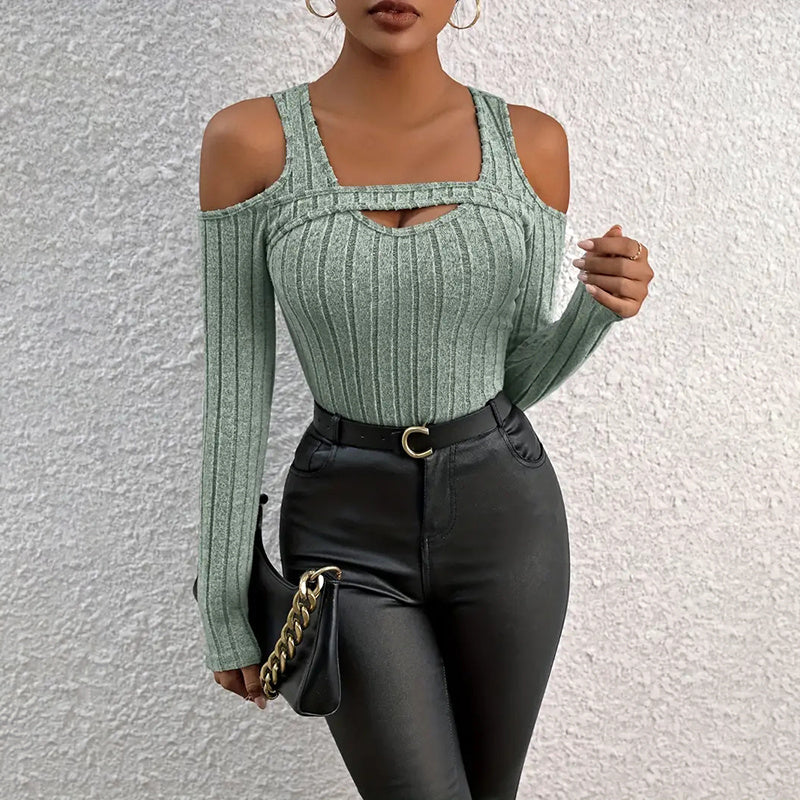 Women's Ribbed Long Sleeve Top Cut Out Front Detail Fitted Sexy Tee Casual Dressy T-Shirt Tops CJ US