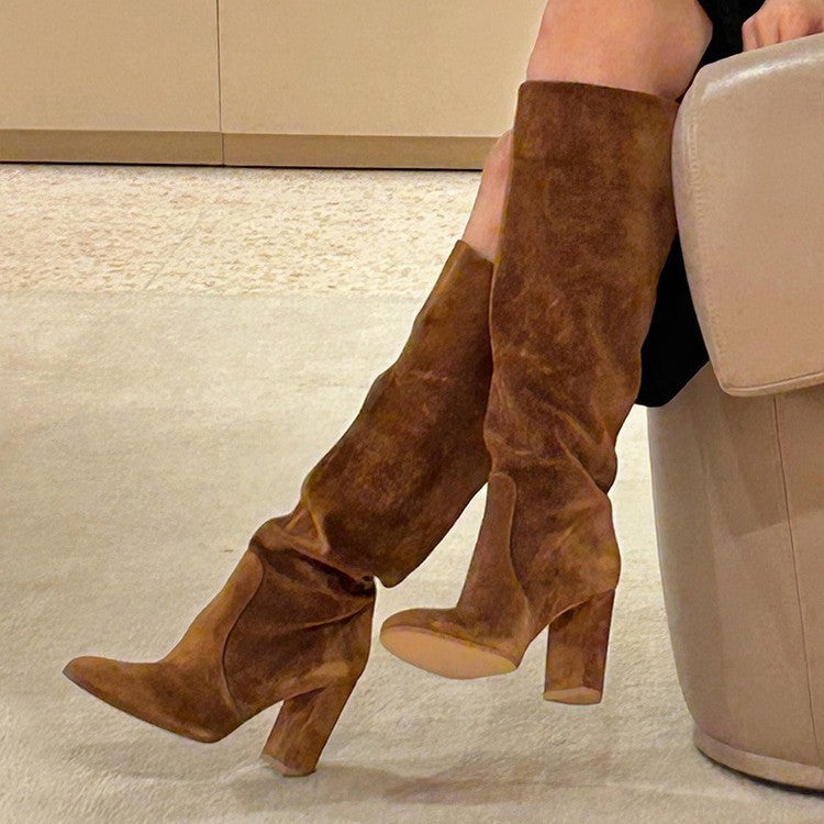 Suede Pleated High Heel Thick Heel Pointed Sleeve Boots CJ