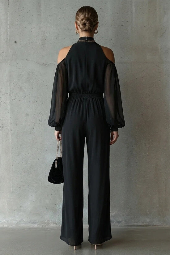 Black Embroidered Womens Long-Sleeve Wide-Leg Jumpsuit 