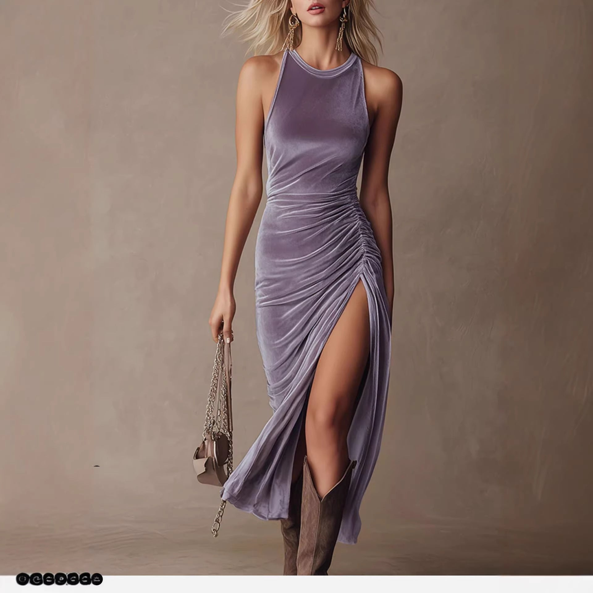 Lavender Velvet Halter Neck Dress with Side Pleats, High Slit, Fitted Slimming Bodycon Maxi Skirt 