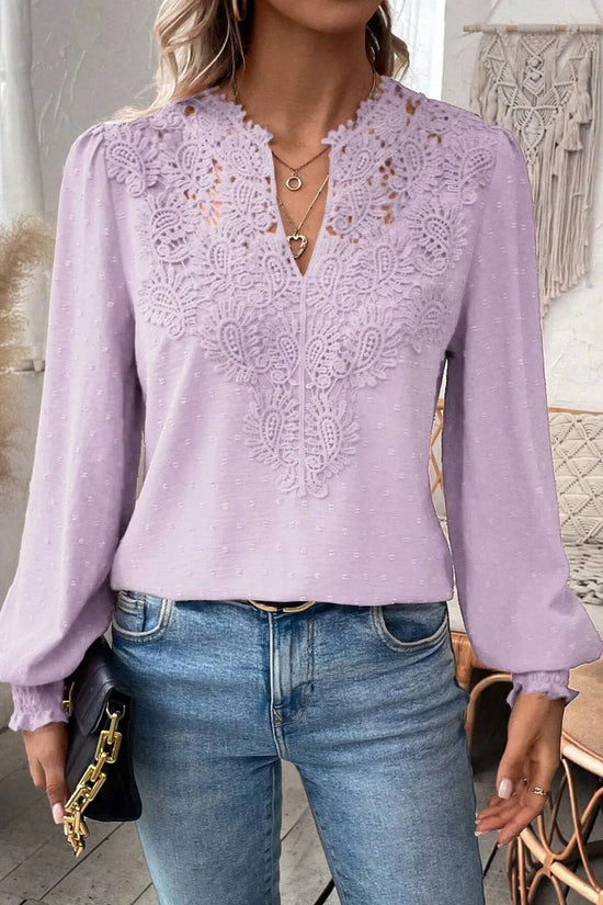 Swiss Dot Lace Detail Notched Long Sleeve Blouse 