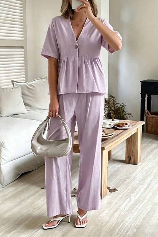 V-neck Loose-fit Short-sleeve Top And Wide-leg Pants Two-piece Set 