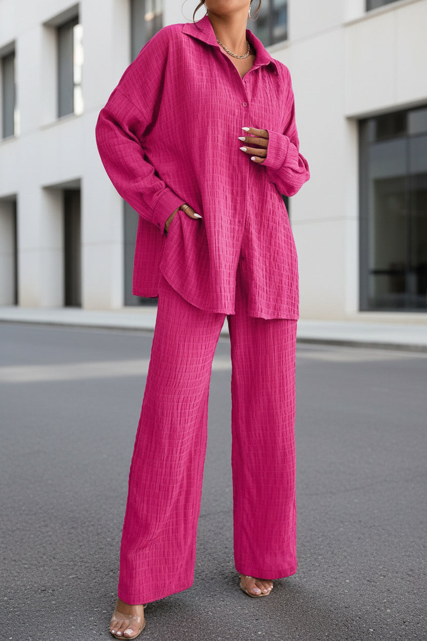 Summer New European And American Style Pleated Long-Sleeve Lapel Loose Two-Piece Set 