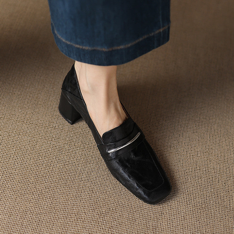 Womens Solid-color Square-toe Chunky-heel Sheepskin High Heels 