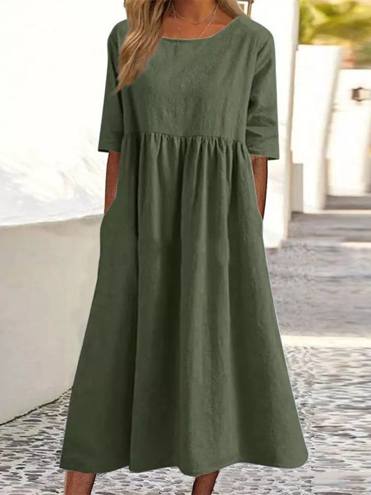 Plus Size Loose Cotton Linen Dress, Round Neck  Sleeve Midi Dress With Pockets 