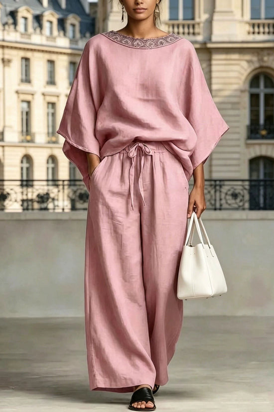 Fashion Casual Solid Color Lace Round Neck Loose Short Sleeve Pants Two-Piece Set 