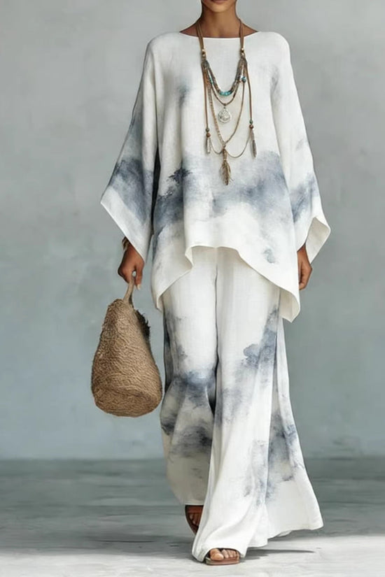 Women's Floral Print Linen Wide-Leg Two-Piece Set 