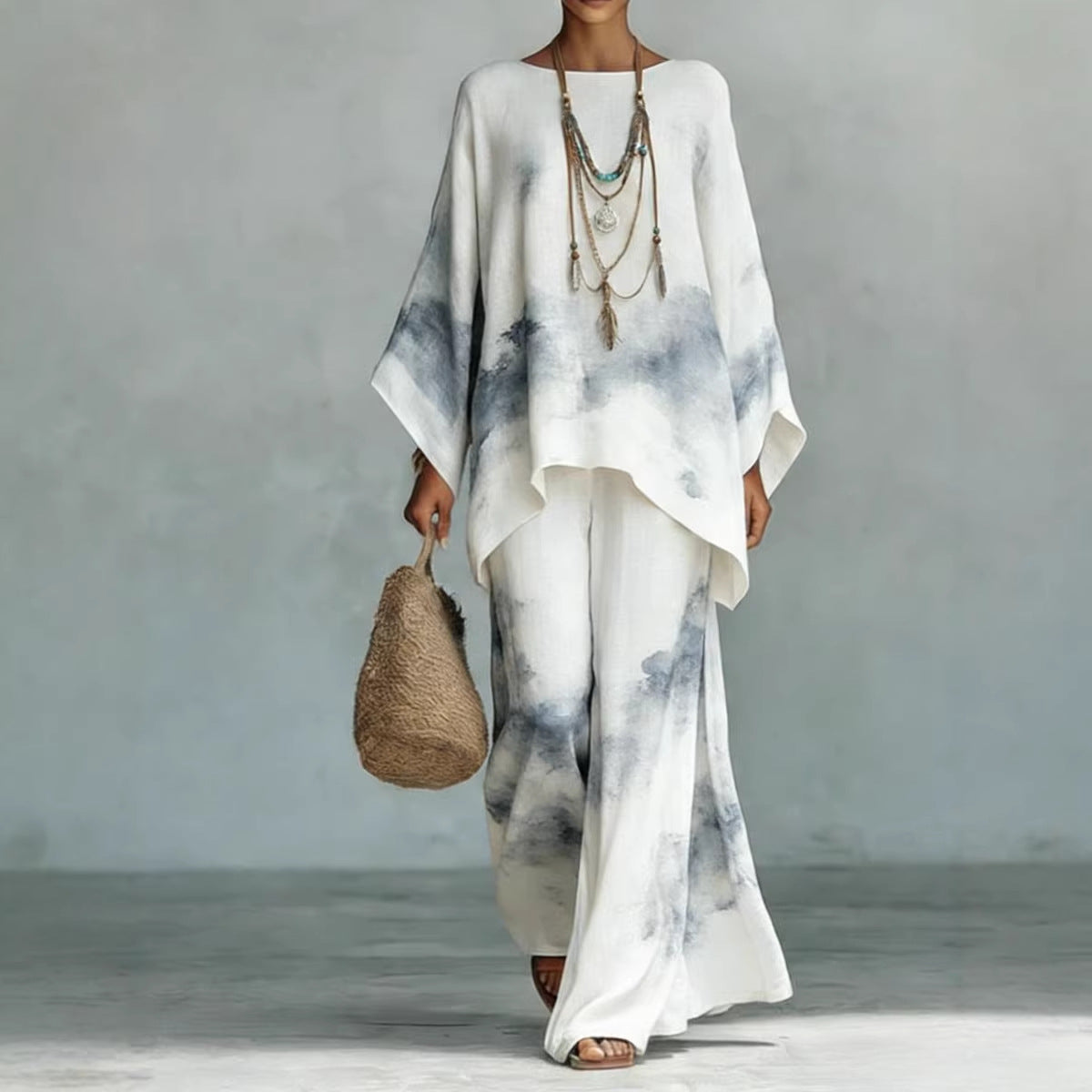 Women's Floral Print Linen Wide-Leg Two-Piece Set 