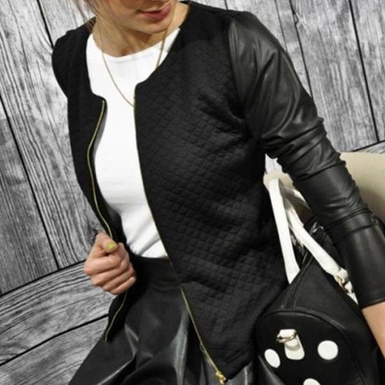 Female Outwear PU Leather Patchwork Spring Autumn Plaid Women Thin Coats Short Jackets Casual Slim Blazers Suit Cardigans CJ