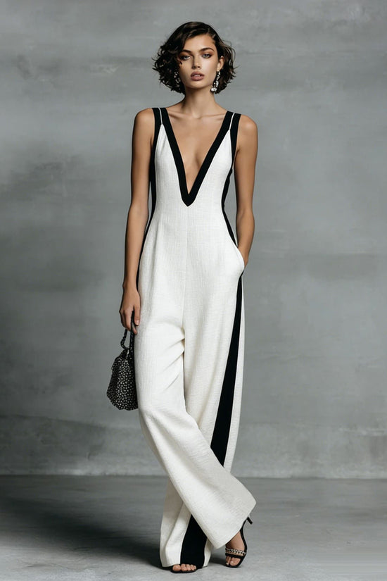 Fashion Color-block Sleeveless V-neck Wide-leg Jumpsuit for Women 
