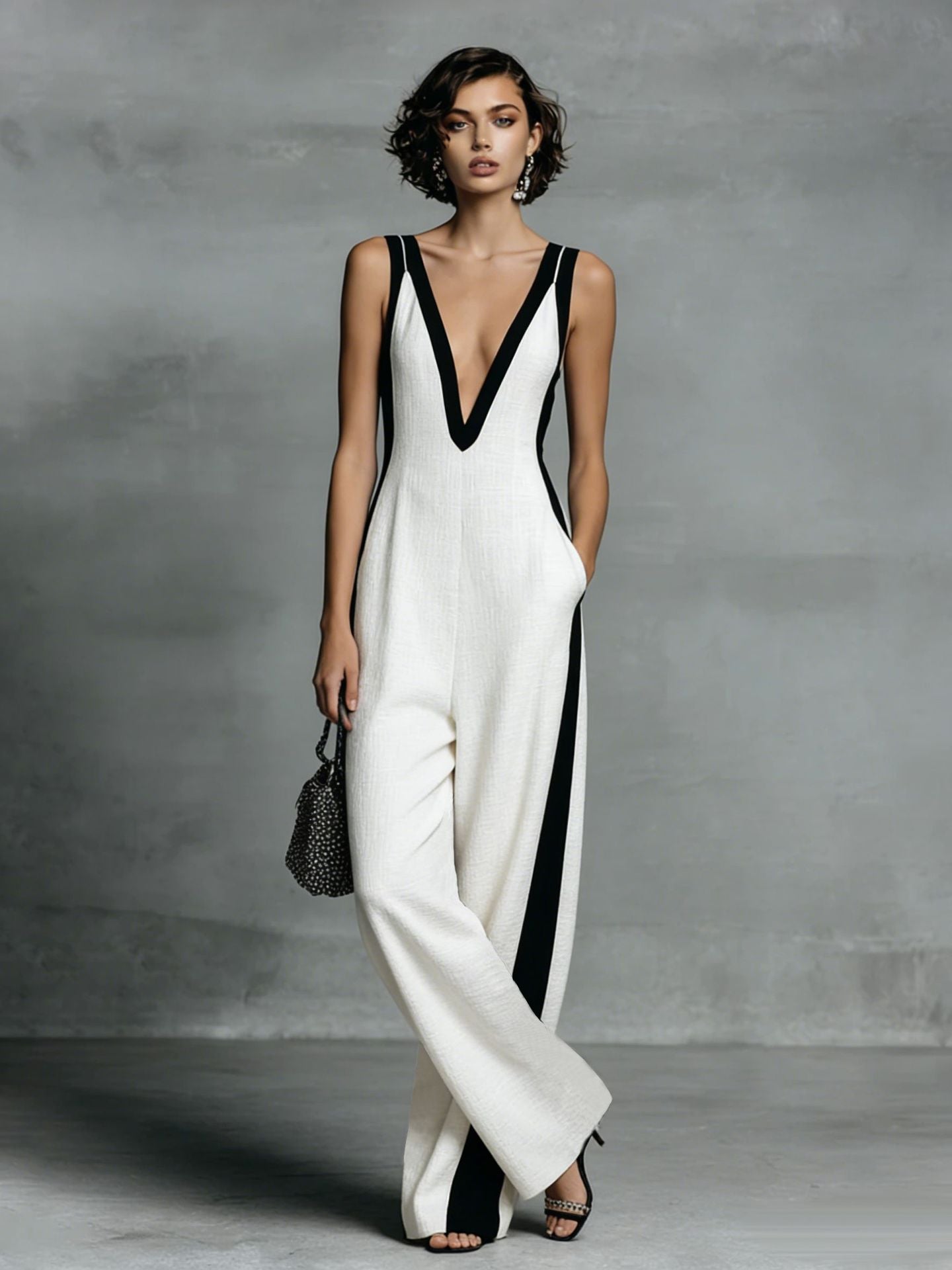 Fashion Color-block Sleeveless V-neck Wide-leg Jumpsuit for Women 