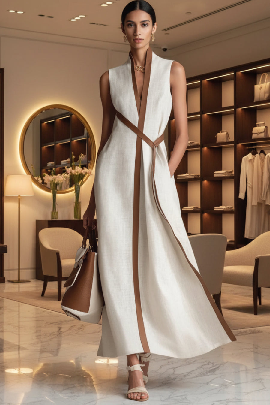 Women's Color Block Stand Collar Linen Blend Dress | FitiqueFit