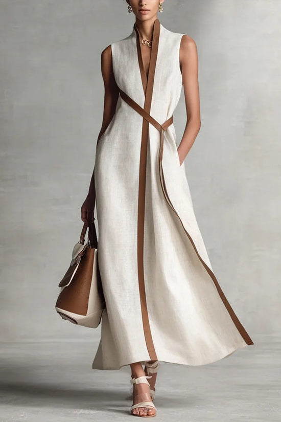 Color Block Sleeveless Stand Collar Linen Blend Dress 