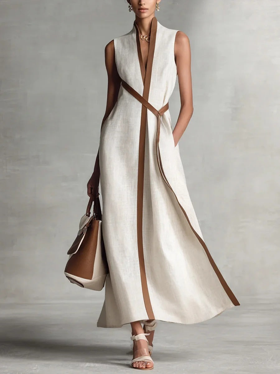 Color Block Sleeveless Stand Collar Linen Blend Dress 