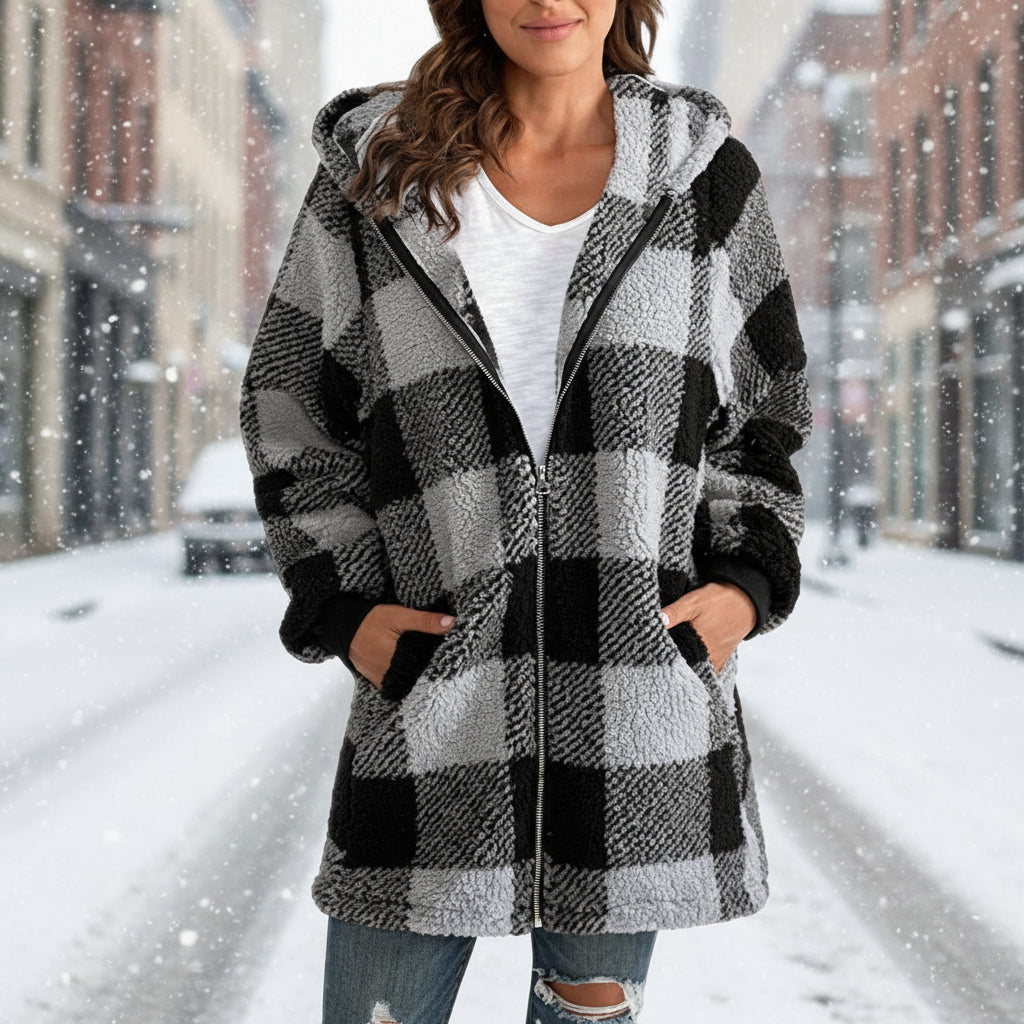 Women's Plaid Hooded Jacket, Long Sleeve Zip Up Oversized Coat With Pockets For Winter Casual And Commute CJ US