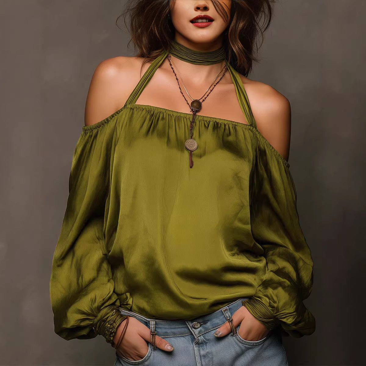 Chic Shoulder-Baring Matte Satin Blouse for Women Fashion Top 
