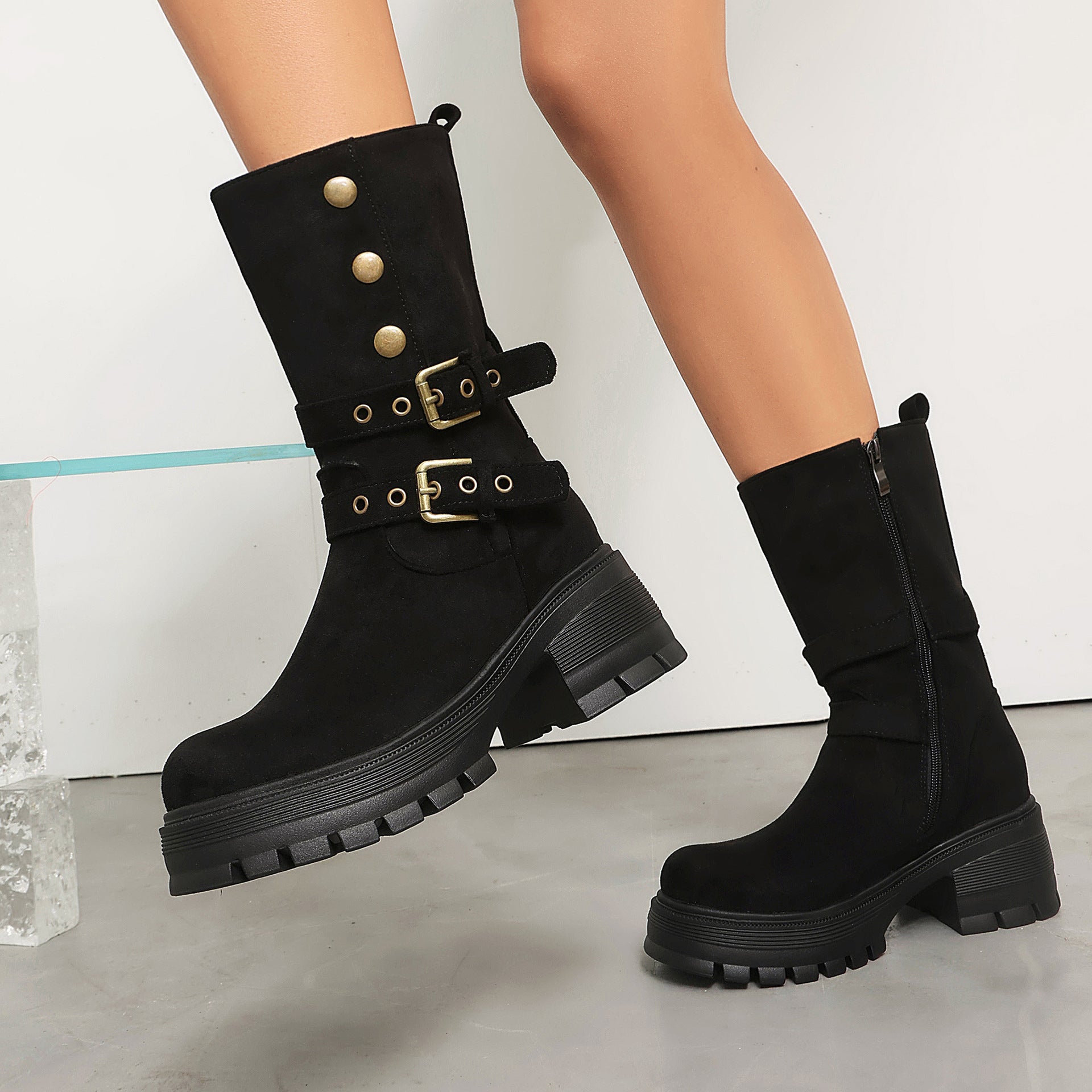 Supply Thick Sole High Heel Women's Boots  Punk Style Belt Buckle Ankle Boots 