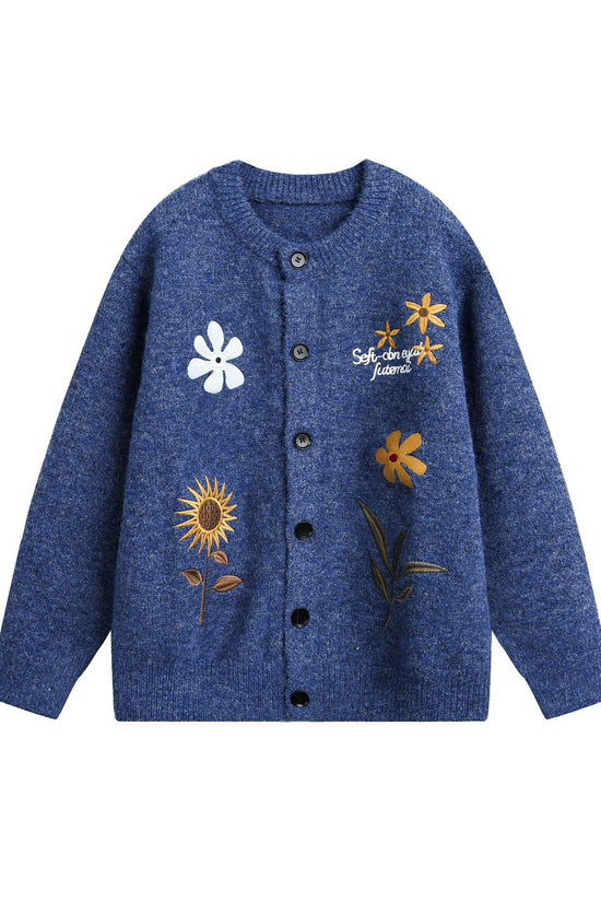 Retro Preppy Style Floral Embroidery Cardigan Sweater 