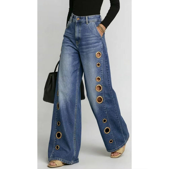 New jeans for women, metal eyelet design, casual loose high-waisted wide-leg jeans 
