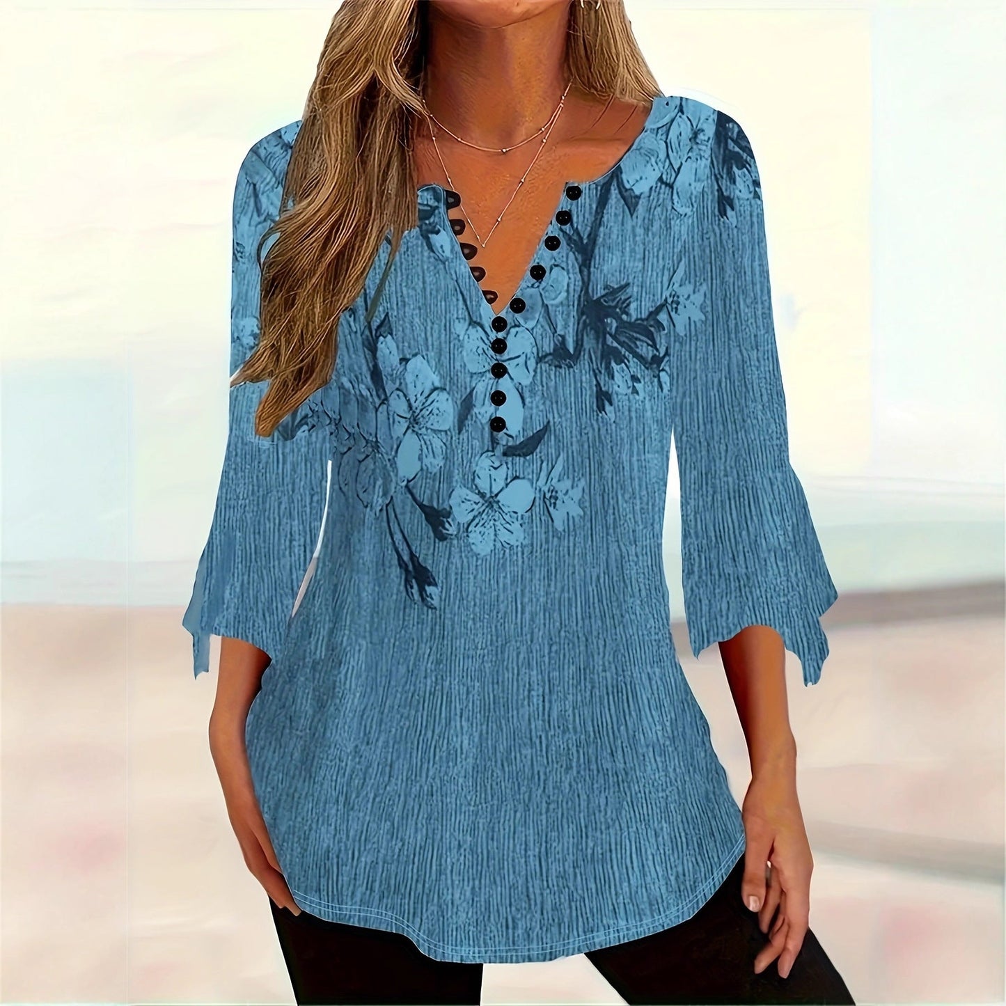 Women’s Printed Spike Button Three-Quarter Sleeve Casual Top 